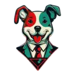 Stylized dog in a suit with red and green face paint.