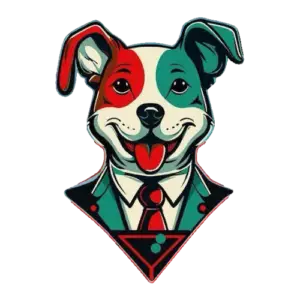 Stylized dog in a suit with red and green face paint.