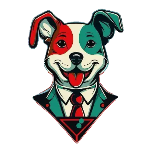 Stylized dog in a suit with red and green face paint.