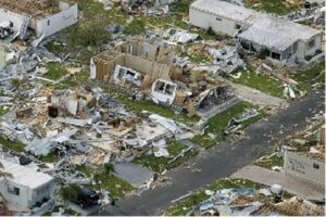 Aerial shot of a destroyed home after a hurricane