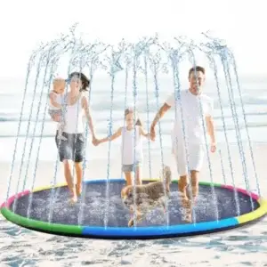 Family and dog on beach splash pad