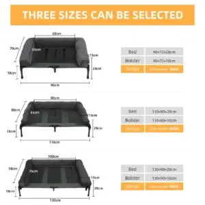 Three sizes elevated pet beds with measurements