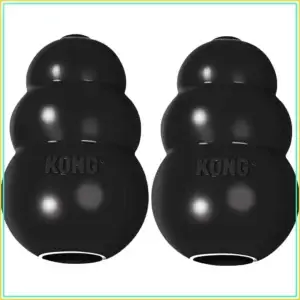 Two sturdy black rubber treat-dispensing toys