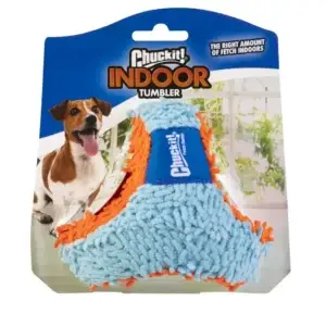 Packaged blue and orange indoor dog toy