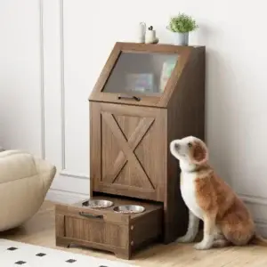 Dog beside wooden pet feeder with bowls