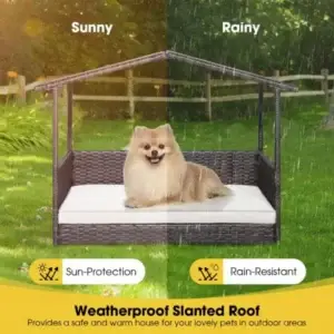 Dog on covered weatherproof outdoor pet bed