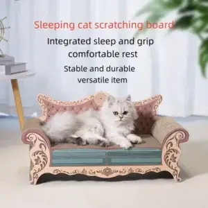 Fluffy white cat on decorative scratching sofa