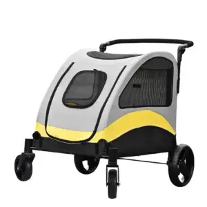 Yellow and gray pet stroller with mesh