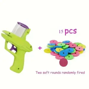 Green toy gun and colorful foam discs