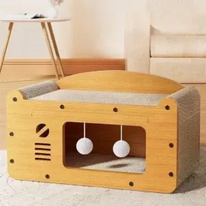 Wooden cat bed with hanging pom-poms