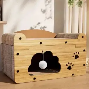 Wooden cat scratcher house with toy