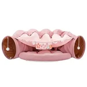 2 in 1 Cat Tunnel Bed Tube with Cushion and Plush Ball Toy Playground Crinkle Collapsible for Large Cats Kittens Kitty Puppy Sm