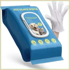 Blue pet wipes package and white glove